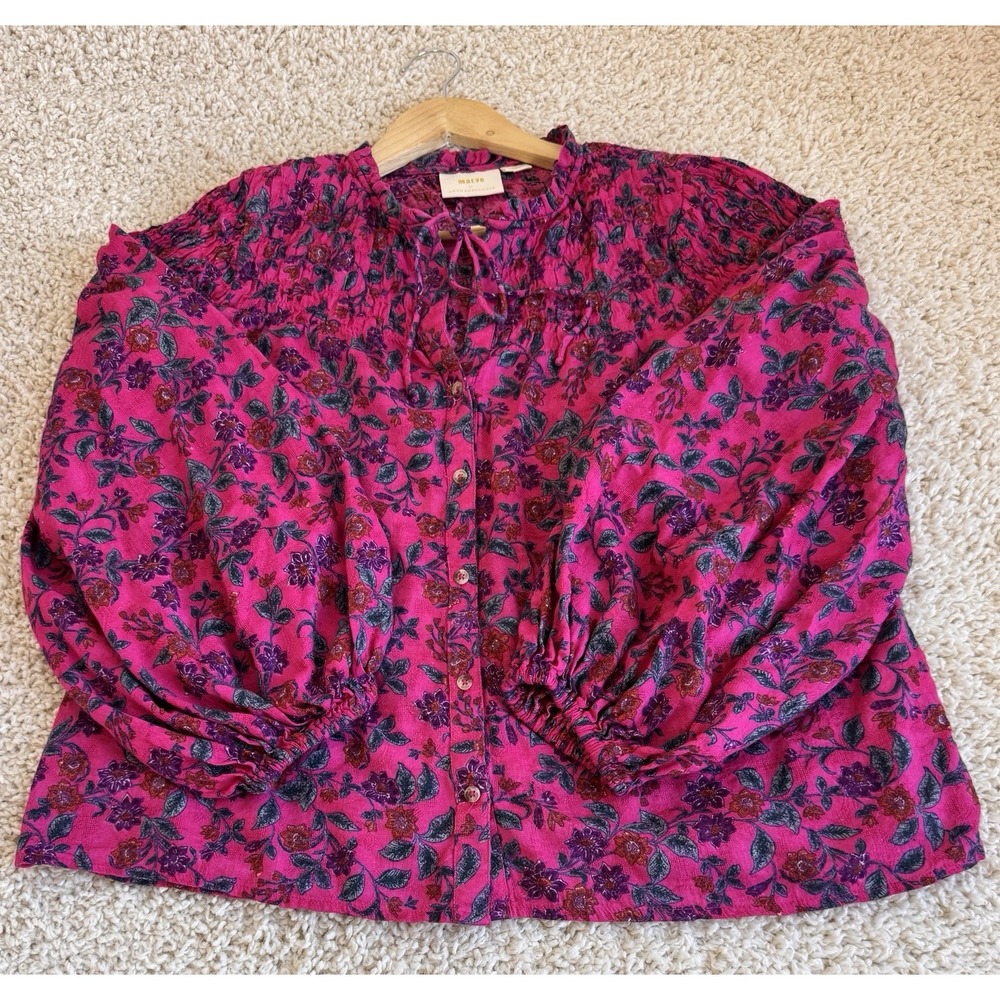 Maeve Anthropologie Women L Pink Floral Peasant Blouse Puff Sleeve Smocked Top